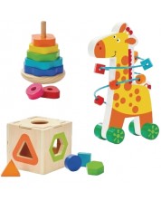 Дървен комплект Acool Toy - Лабиринт с жираф и сортери -1