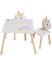 Дървен сет Moni Toys - Маса с два стола, unicorn -1