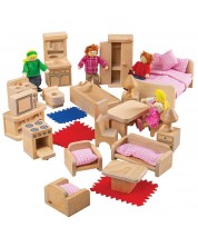 Дървен комплект Bigjigs - Мебели за кукленска къща, с 4 кукли