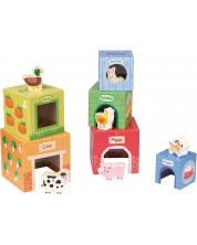 Детски комплект Lelin Toys - Картонени кубчета с дървени животни -1