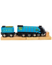 Детска дървена играчка Bigjigs - Парен локомотив, син -1