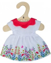 Дреха за кукла Bigjigs - Бяла рокля с цветя и червена яка, 25 cm -1