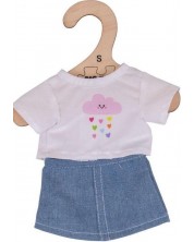 Дреха за кукла Bigjigs - Бяла тениска и дънкова пола, 25 cm -1