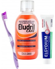 Elgydium & Eludril Комплект - Успокояваща паста и Антиплакова вода, 75 + 500 ml + Четка за зъби, Soft