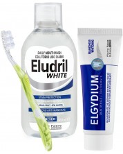Elgydium & Eludril Комплект - Избелваща паста и Вода за уста, 50 + 500 ml + Четка за зъби, Soft -1