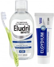 Elgydium & Eludril Комплект - Избелваща паста и Вода за уста, 50 + 500 ml + Четка за зъби, Medium