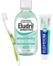 Elgydium Sensitive & Eludril Комплект - Паста за зъби и Вода за уста, 75 + 500 ml + Четка за зъби, Soft
