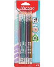 Графитни моливи Maped - Glitter, HB, с гумичка, 6 броя -1