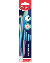 Комплект моливи Maped Nightfall - HB, с гумичка, 6 броя