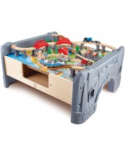 Игрален комплект Hape - Дървена влакова композиция с маса, 70 части