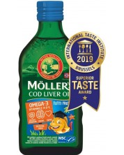 Omega-3 + Витамини A, D, E Cod Liver Oil, плодове, 250 ml, Mollers