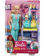 Игрален комплект Mattel Barbie - Барби педиатър с руса коса и две кукли -1