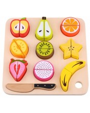 Игрален комплект Tooky Toy - Дървени плодове за рязане с табла -1