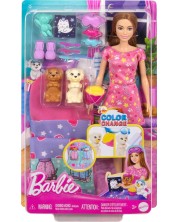 Игрален комплект Barbie Color Change - Пижамено парти с кученцaта на Барби -1
