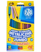 Цветни джъмбо моливи Astra -12 металик цвята, от черна дървесина, с острилка -1