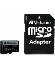 Карта памет Verbatim - PRO, 64GB, microSDXC, Class10 + адаптер -1