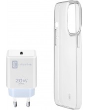 Калъф и зарядно Cellularline - iPhone 14 Plus, 20W, прозрачен/бял