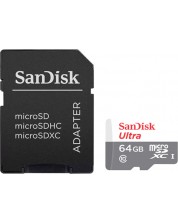 Карта памет SanDisk - Ultra, 64GB, MicroSD, Class10, сива/бяла -1
