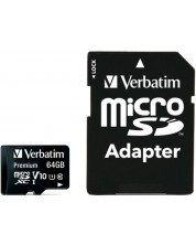 Карта памет Verbatim - 64GB, microSDXC, Class10 + адаптер -1