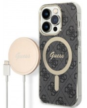 Калъф и зарядно Guess - 4G MagSafe, iPhone 14 Prо, черен