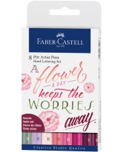Комплект калиграфски маркери с четка Faber-Castell - 8 цвята, розови