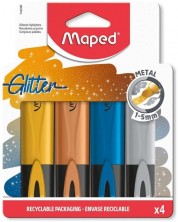 Комплект маркери Maped - Fluo Glitter Metal, 4 цвята
