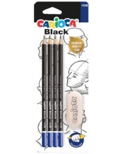 Комплект моливи Carioca - Черни, 4 броя, HB, гумичка -1