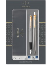 Комплект писалка Parker Jotter Stainless Steel - С химикалка, златисто покритие