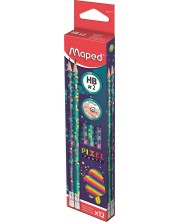 Комплект моливи Maped Pixel Party - HB, с гумичка, 12 броя