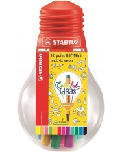 Комплект мини тънкописци Stabilo Point 88 - Mini Colorful Ideas, в крушка, 12 цвята