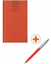 Комплект джобен тефтер Поло - Оранжев, с химикалка Parker Royal Jotter Originals Glam Rock, червена -1