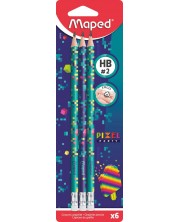 Комплект моливи Maped Pixel Party - HB, с гумичка, 6 броя