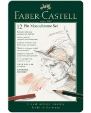 Комплект моливи Faber-Castell Pitt Monochrome - 12 броя, в метална кутия -1