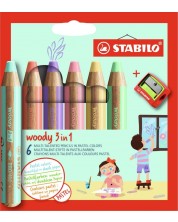 Комплект цветни моливи Stabilo Woody 3 in 1 - 6 пастелни цвята, с острилка -1