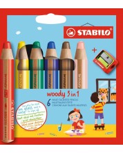 Комплект цветни моливи Stabilo Woody 3 in 1 - 6 цвята, с острилка -1