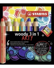 Комплект цветни моливи Stabilo Woody 3 in 1 - Arty, 6 цвята, с острилка -1