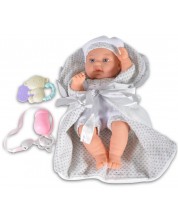Кукла-бебе Moni Toys - Със сиво одеялце и аксесоари, 36 cm