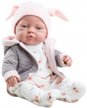 Кукла-бебе Paola Reina Los Bebitos - Bebita, със сиво горнище с качулка и шапка с ушички, 45 cm -1