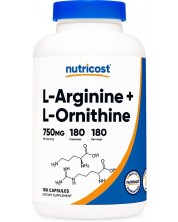 L-Arginine + L-Ornithine, 180 капсули, Nutricost -1