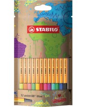Мини тънкописци Stabilo Point 88 - 12 цвята, в картонена кутия