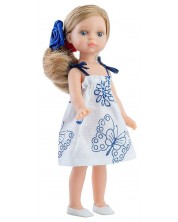 Кукла Paola Reina Mini Amigas - Валерия, с бяла рокля със сини мотиви, 21 cm