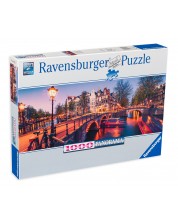 Панорамен пъзел Ravensburger от 1000 части - Вечер в Амстердам