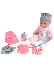 Пишкаща кукла-бебе Moni Toys - Със сива шапка и аксесоари, 36 cm