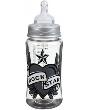 Пластмасово шише със силиконов биберон Rock Star Baby, 300 ml, сърце с крила, сиво