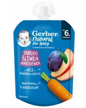Плодово пюре Nestle Gerber - Пауч с ябълка, слива и морков, 6m+, 80 g