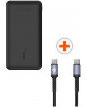 Портативна батерия Belkin - 10000 mAh + кабел Tellur - USB-C/USB-C, 2 m, черни -1