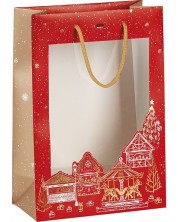 Подаръчна торбичка Giftpack Bonnes Fêtes - Червена, 29 cm, PVC прозорец