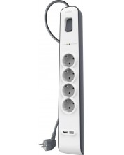 Разклонител Belkin - BSV401vf2M, 4 гнезда, 2x USB-A, бял/сив