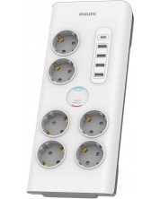 Разклонител Philips - SPN7060WA/58, 6 гнезда, 4x USB-A, USB-C, бял -1