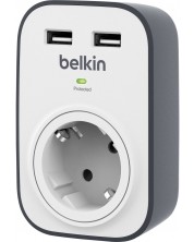 Разклонител Belkin - BSV1031vf, 1 гнездо, 2xUSB, бял/сив -1